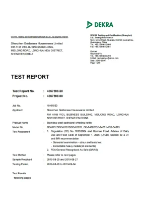 fda certified stainless steel cookware test report