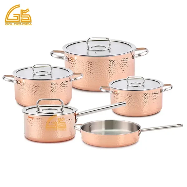 Gs Collection Pots Hammered Copper-Finish Cookware Set GS-01602-9PCS | OEM