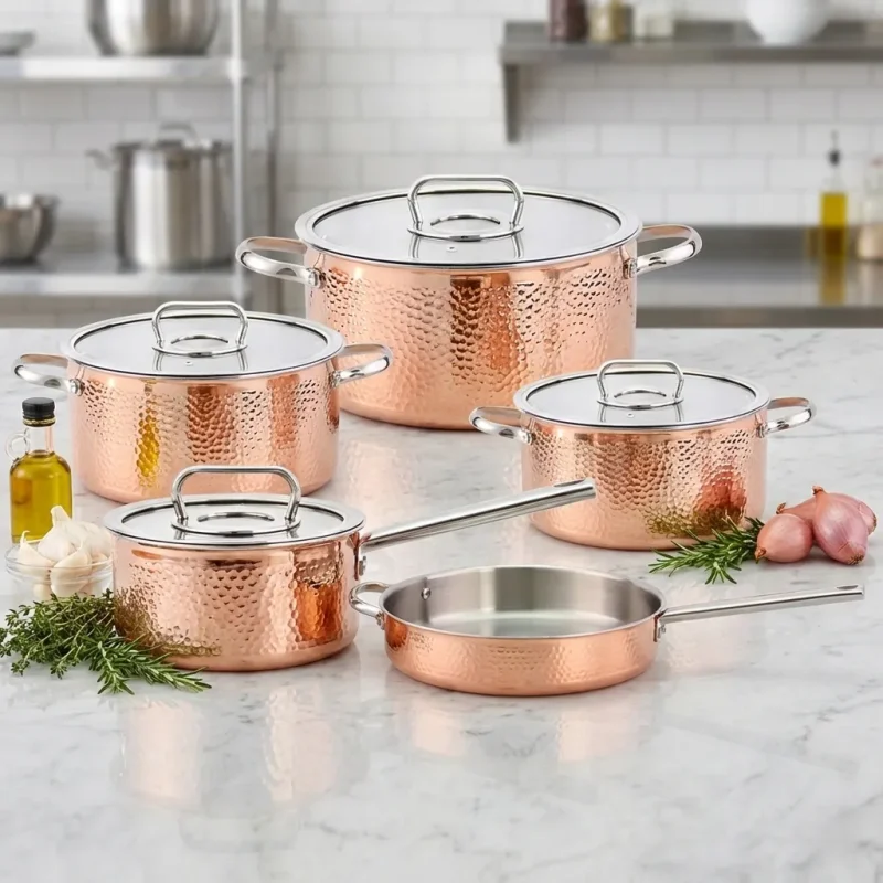 tri-ply stainless steel cookware set in modern kitchen setting GS-01602 9PCS for OEM cookware sourcing