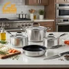 3 ply stainless cookware set in professional kitchen scene gs 01613 7pc
