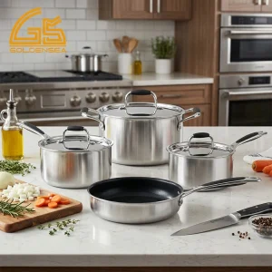 3 ply stainless cookware set in professional kitchen scene gs 01613 7pc
