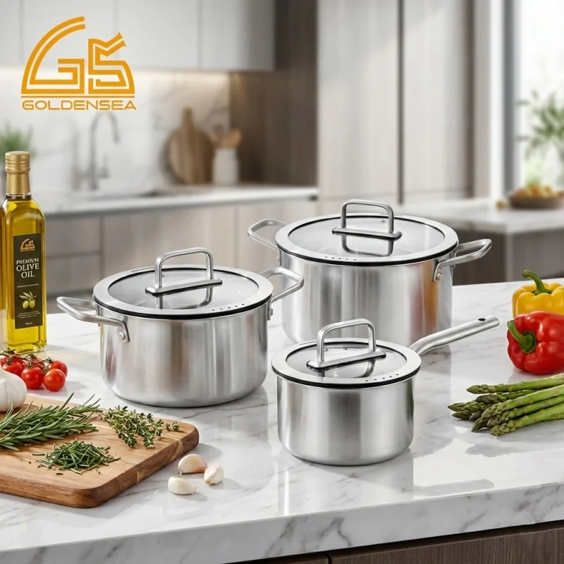 full body tri-ply stainless steel cookware set GS-01622 6PC luxury kitchen scene for OEM cookware sourcing