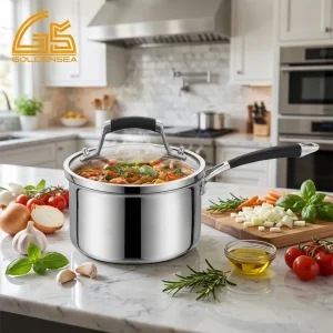 goldensea gs 01647 sp triply stainless steel saucepan with glass lid simmering stew on kitchen counter scene