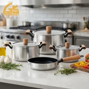 goldensea triply stainless steel cookware set wooden handles gs 01609 7pc