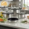 triply stainless cookware set in professional kitchen scene gs 01611 7pc