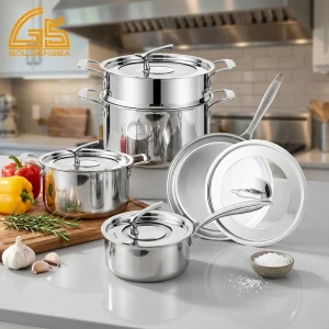 triply stainless steel cookware set wholesale manufacturer display GS 01626 9PCS