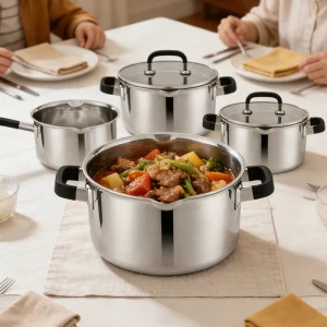 gs 01615 8pc factory direct triply cookware set family dining scene