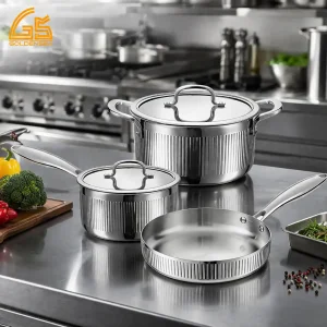 gs 01648 5pc factory price bulk triply stainless steel cookware set kitchen counter scene