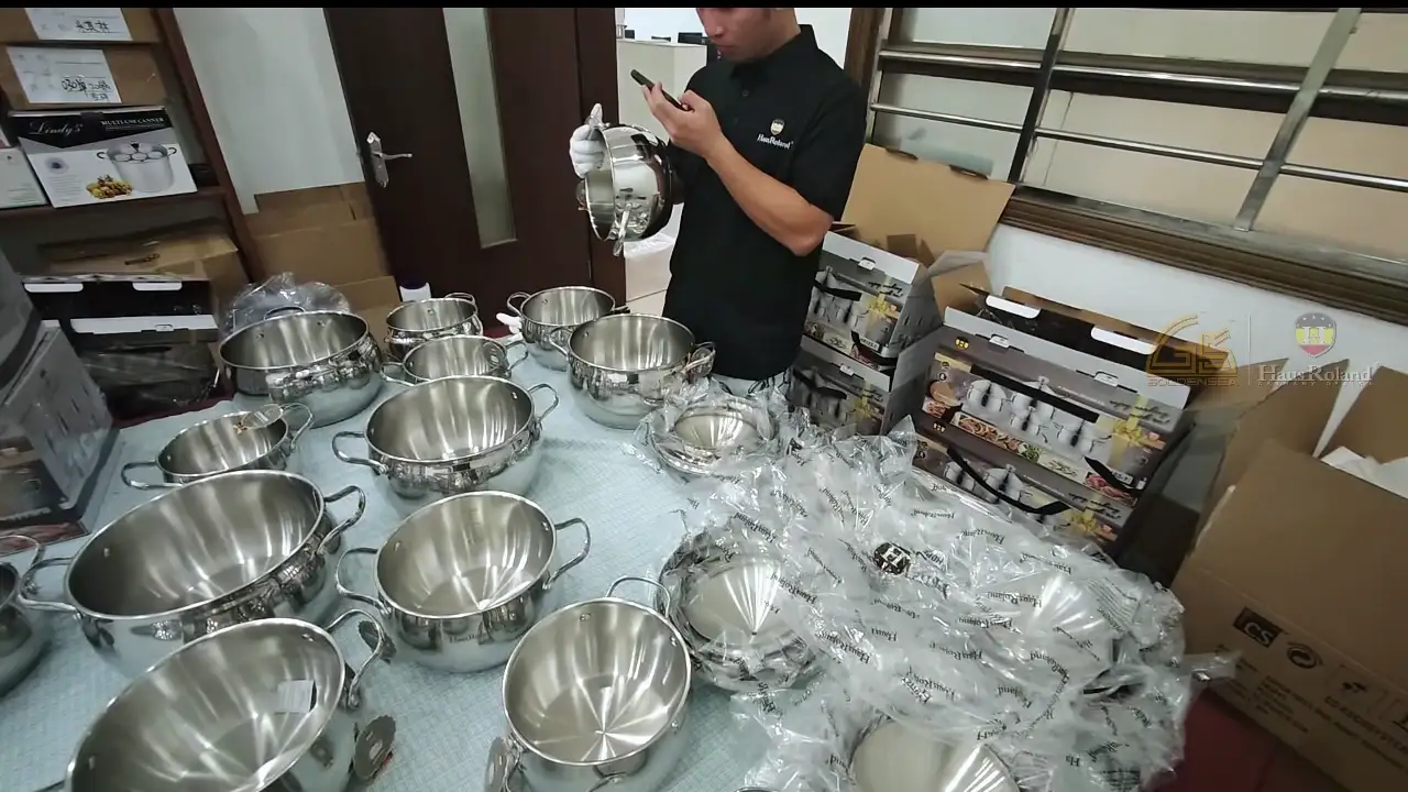 bulk stainless steel cookware packaging and quality check in factory