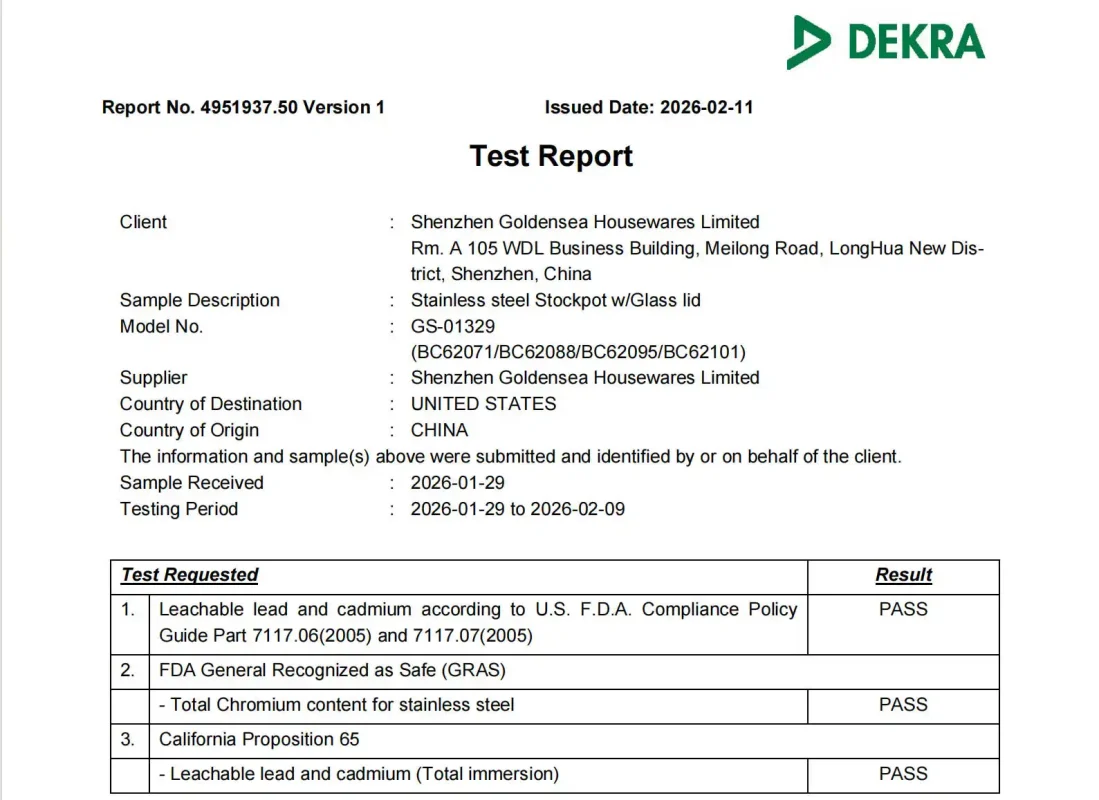 DEKRA stainless steel cookware test report for FDA compliance review