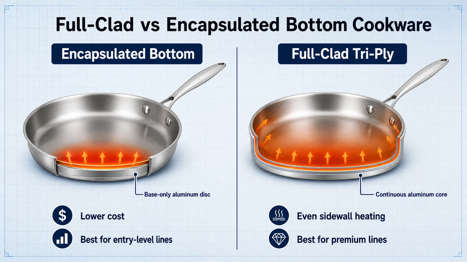 Full-clad tri-ply cookware vs encapsulated bottom cookware technical comparison for OEM sourcing