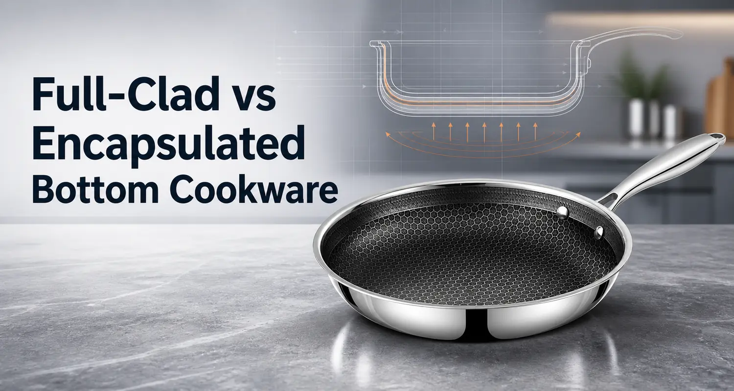 Full-clad vs encapsulated bottom cookware comparison hero image for B2B cookware buyers