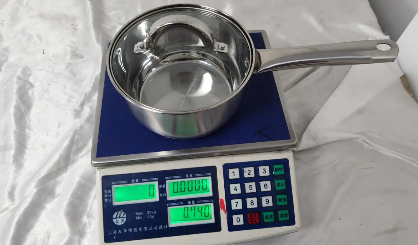 stainless steel saucepan weight check for cookware quality inspection