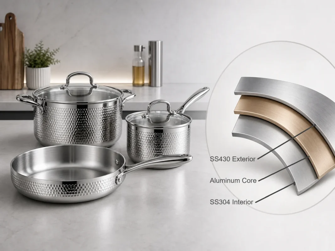 Tri-ply cookware structure showing SS304, aluminum core and SS430 layers for B2B cookware buyers