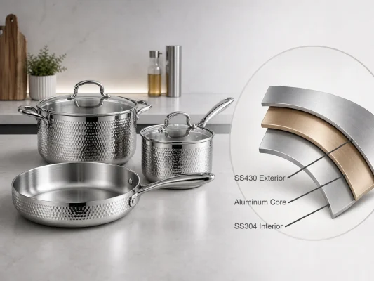 Tri-ply cookware structure showing SS304, aluminum core and SS430 layers for B2B cookware buyers