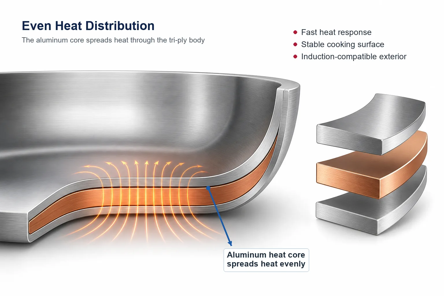 tri-ply stainless steel cookware aluminum core heat distribution for B2B cookware buyers