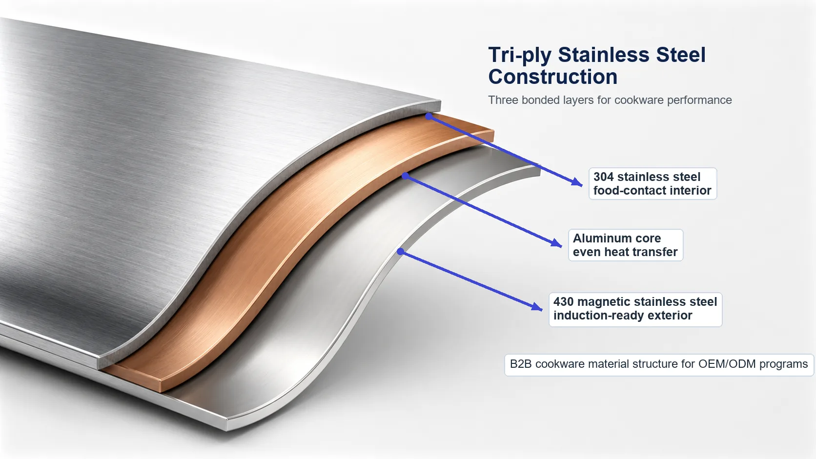 tri-ply stainless steel construction with 304 stainless steel interior aluminum core and 430 magnetic exterior for OEM cookware programs