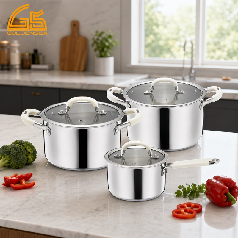 Triply stainless steel cookware set on kitchen counter for B2B private label cookware programs