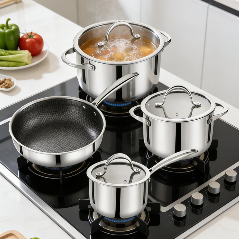 Triply stainless steel cookware set on stovetop for B2B private label cookware programs