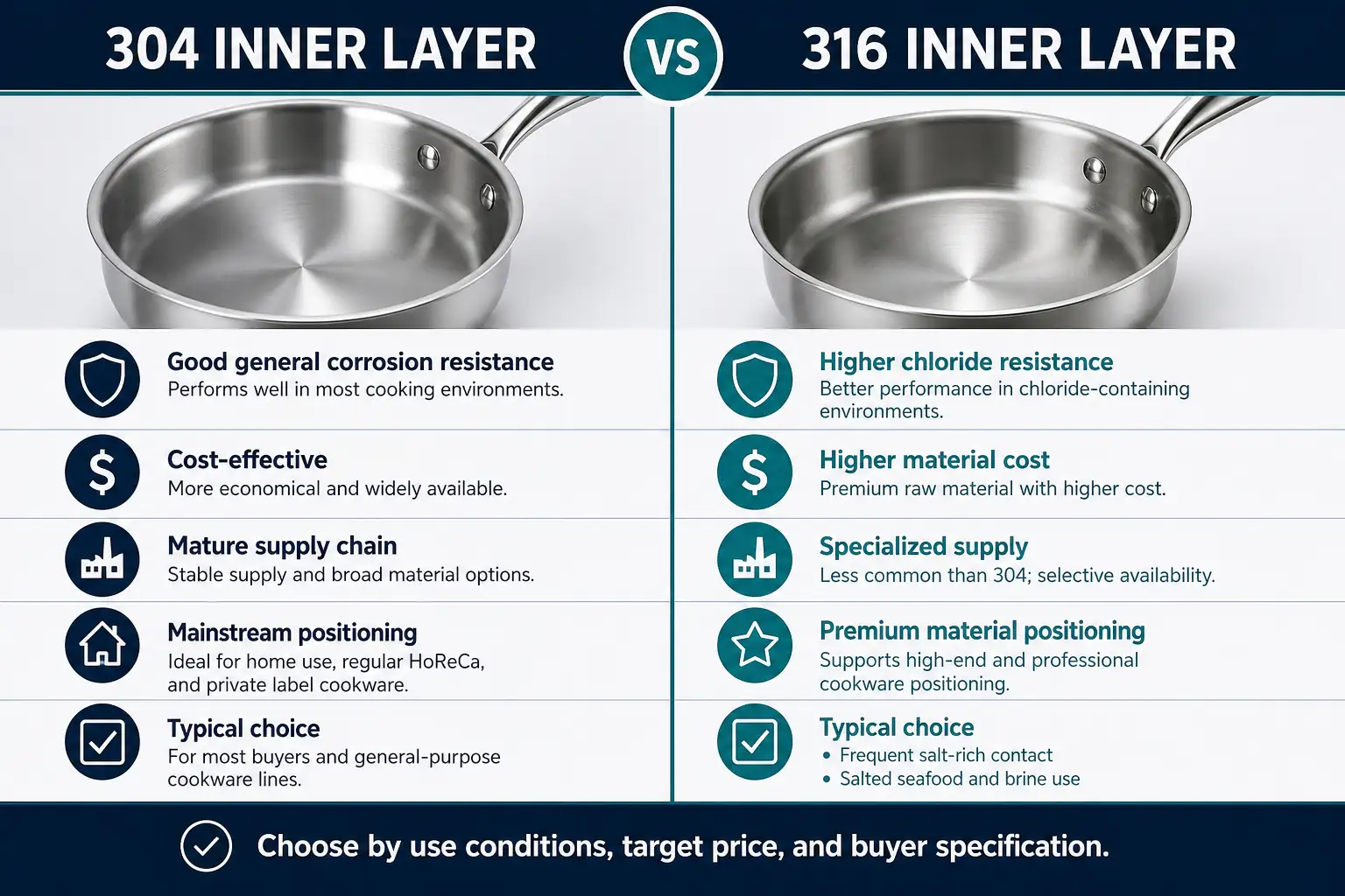 304 and 316 cookware inner layer comparison by corrosion resistance cost supply and salt-rich use