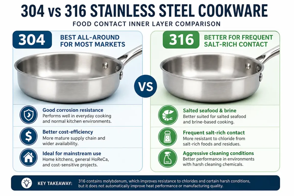 304 vs 316 stainless steel cookware food-contact inner layers for mainstream and frequent salt-rich use