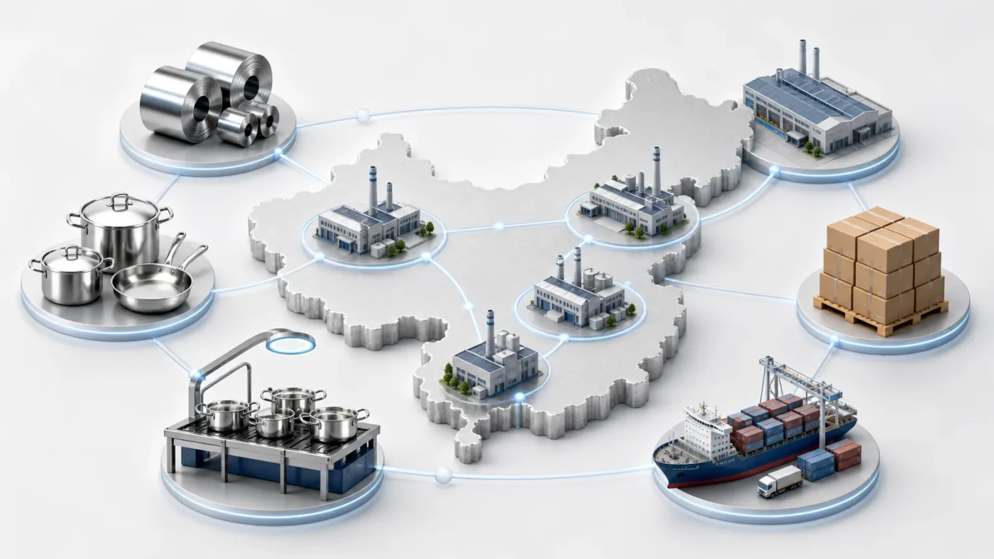 China stainless steel cookware manufacturing regions and B2B supply chain overview