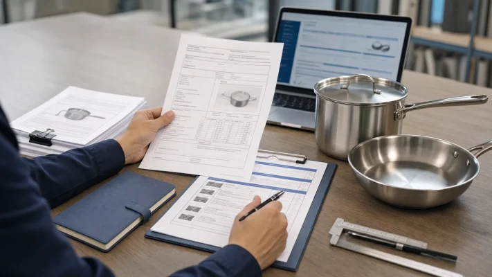 B2B cookware buyer reviewing a supplier test report against stainless steel cookware and specifications