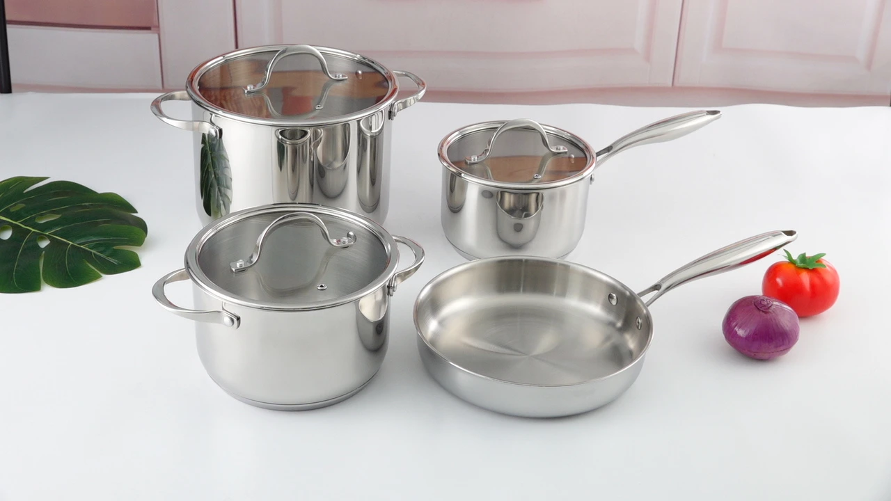 Custom stainless steel cookware set tabletop display for OEM private label sourcing
