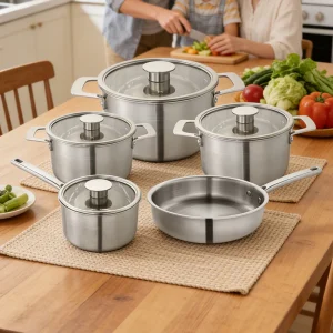GS-01605-9PC tri-ply stainless steel cookware set in family kitchen scene