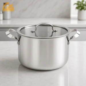 GS-01636-CA tri-ply stainless steel casserole pot with glass lid on kitchen counter for factory direct wholesale cookware sourcing
