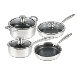 GS-01642-7PC seven-piece tri-ply stainless steel cookware set with glass lids on white background