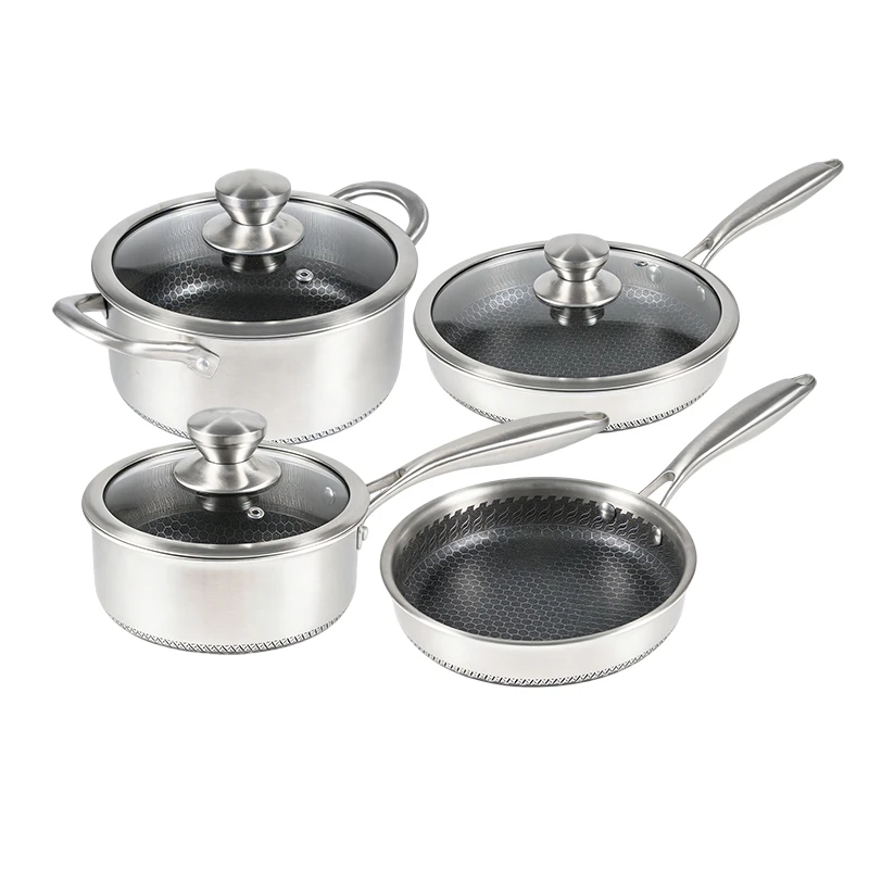 GS-01642-7PC seven-piece tri-ply stainless steel cookware set with glass lids on white background
