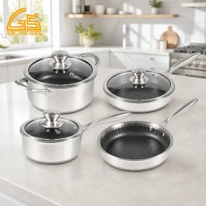 GS-01642-7PC tri-ply stainless steel cookware set in a modern kitchen for wholesale sourcing