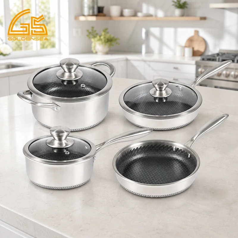GS-01642-7PC tri-ply stainless steel cookware set in a modern kitchen for wholesale sourcing