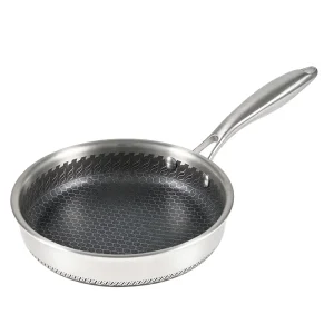 GS-01642 open tri-ply stainless steel frying pan with riveted handle and honeycomb-pattern cooking surface