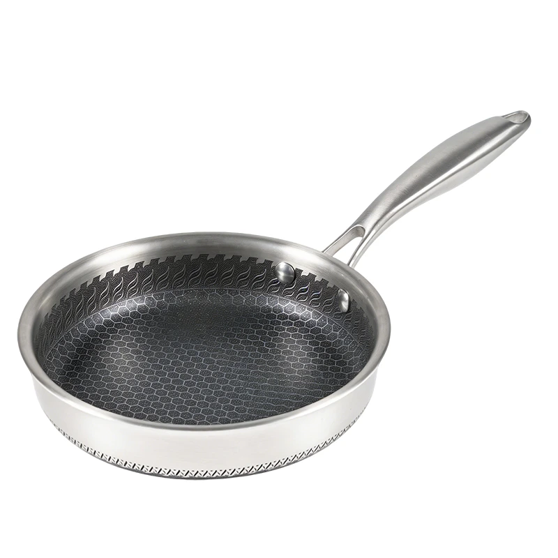GS-01642 open tri-ply stainless steel frying pan with riveted handle and honeycomb-pattern cooking surface