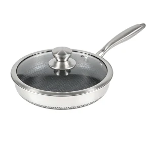 GS-01642 tri-ply stainless steel frying pan with glass lid and honeycomb-pattern cooking surface