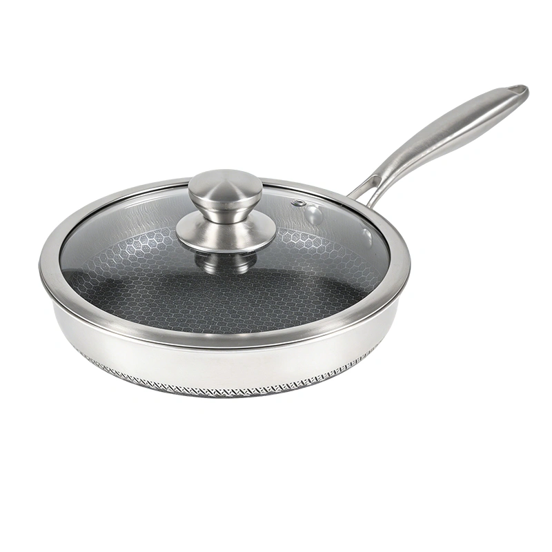 GS-01642 tri-ply stainless steel frying pan with glass lid and honeycomb-pattern cooking surface