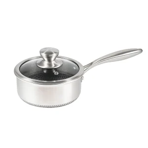 GS-01642 tri-ply stainless steel saucepan with glass lid and riveted metal handle for ODM sourcing