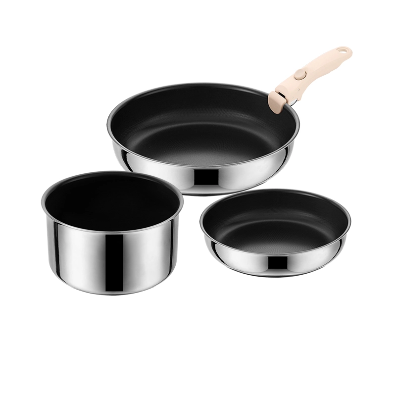 GS-01643-4PC four-piece tri-ply cookware set with two frying pans, deep saucepan body, and shared detachable handle