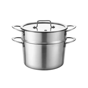 GS-01643-ST assembled tri-ply stainless steel steamer pot and insert set with glass lid