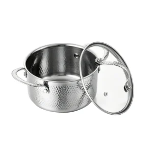 Open-lid view of GS-01655-CA hammered tri-ply casserole showing stainless steel interior and glass lid with steam vent