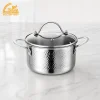 GS-01655-CA hammered tri-ply stainless steel casserole pot with glass lid, riveted side handles, and polished exterior