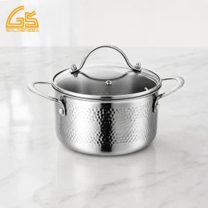 GS-01655-CA hammered tri-ply stainless steel casserole pot with glass lid, riveted side handles, and polished exterior