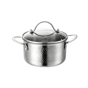 White background product shot of GS-01655-CA hammered stainless steel casserole pot with glass lid and dual side handles