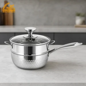 GS-01657-SP tri-ply stainless steel saucepan with optional steamer tier and glass lid for OEM cookware sourcing