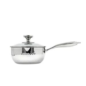 GS-01657-SP hammered tri-ply stainless steel saucepan with glass lid and long stainless steel handle