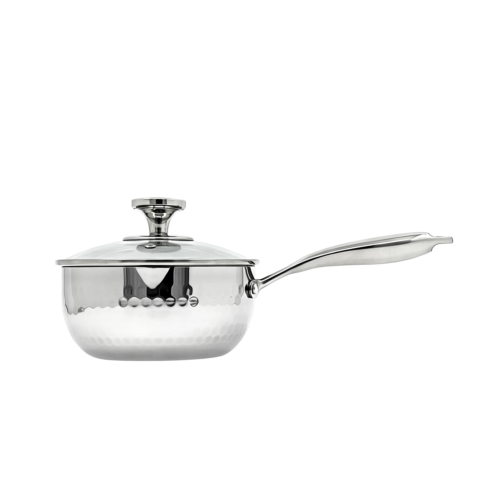 GS-01657-SP hammered tri-ply stainless steel saucepan with glass lid and long stainless steel handle
