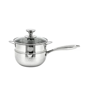 GS-01657-SP hammered tri-ply saucepan with removable upper steaming tier, side helper handles and glass lid