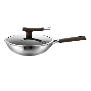 Side view of GS-01702-FP deep tri-ply titanium fry pan with glass lid and long brown handle